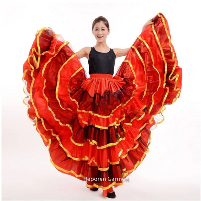 Spanish Red 720 Degree Big Swing Hem Flamenco Skirt Gypsy Bullfight Belly Dance Dress Performance Stage Dance Costume