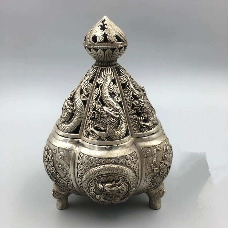 

China's rare miao silver Kowloon incense burner statue family living room home decoration metal crafts