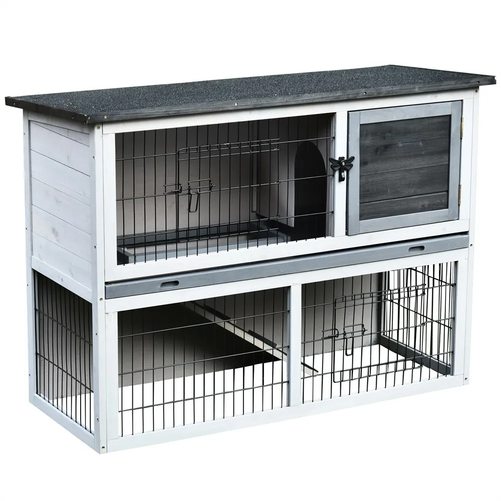 PawHut outdoor wooden rabbit cage 2-floor ramp removable tray and 2 doors 108x45x78 cm Gray