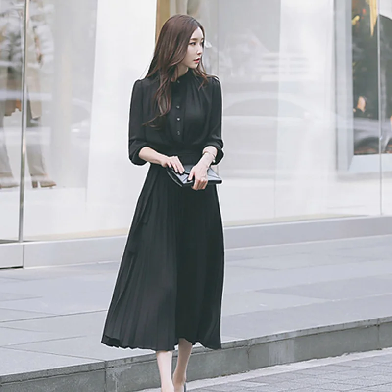 BGTEEEVR Elegant Single Breasted Women Pleated Dresses Full Sleeve Slim Waist A-line Dresses Casual Female Long Vestidos 2019