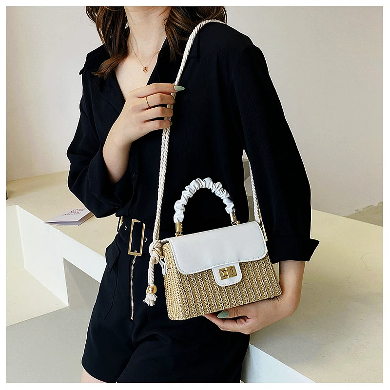 Straw Beach Bag for Women 2021 Summer Pleated Handle Luxury Designer Bag Contrast Color Crossbody Purse and Handbag Lady Bolsos