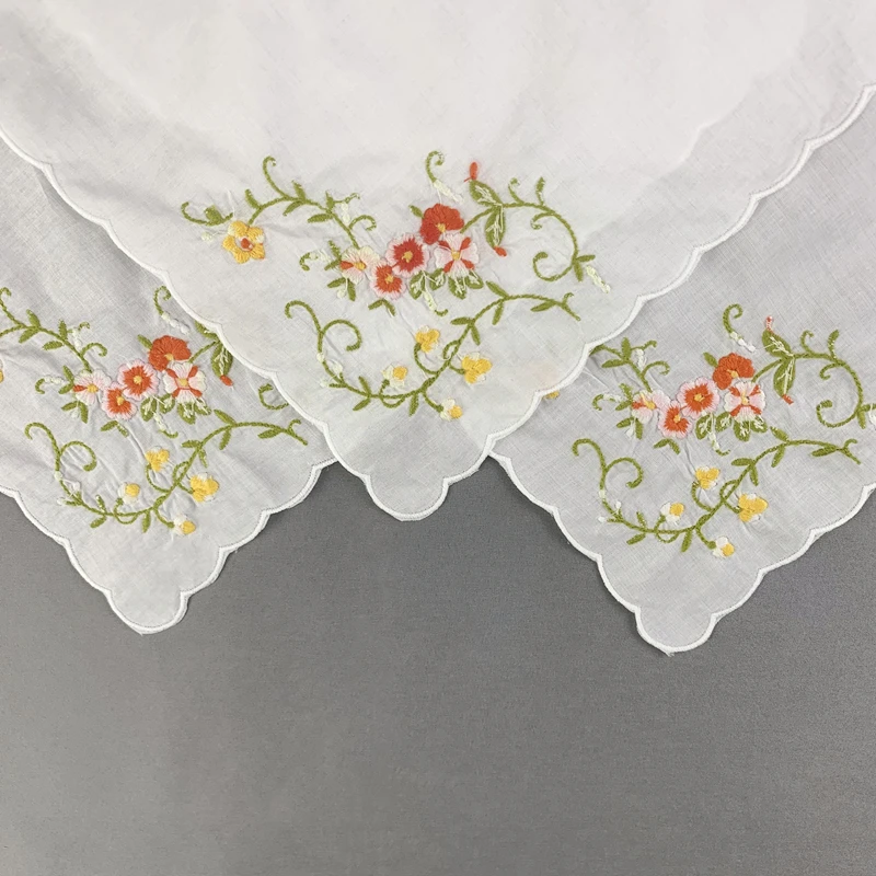 ladies handkerchief White Cotton Hankies with Scallop Edges & Color embroidery Floral Hanky 12x12-inch