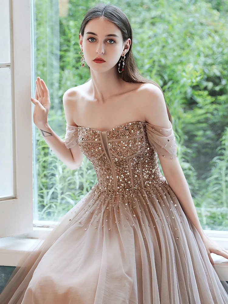 Light Luxury Formal Evening Dresses Off The Shoulder A-Line Sequin Banquet Gown French Fish Bone Slim Long Ball Gown