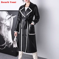 Women 100% Leather Jacket Winter Large Lapel Black and White Contrast Color Windbreaker With Belt Double-Breasted Trench Coat