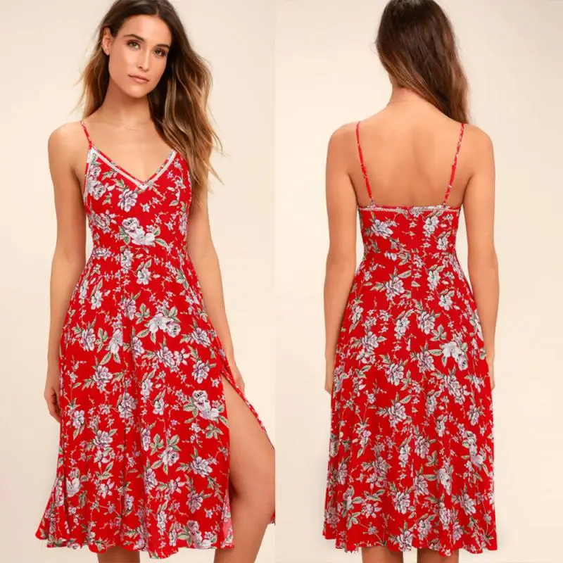 

Ladies flower print dress casual summer beach ladies dress sexy v-neck split girl high waist dress