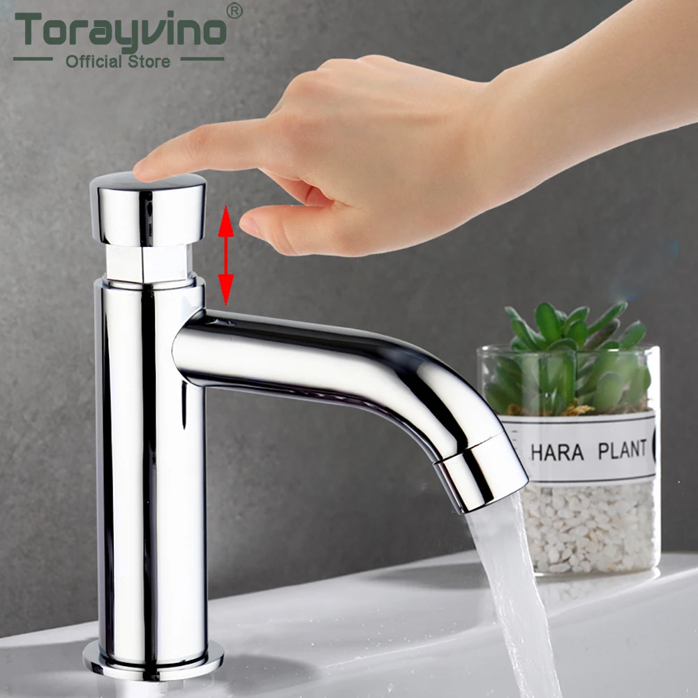 Torayvino Luxury Chrome Polished Time Delay Faucet Basin Sink Deck Mounted Touch Press Auto Self Closing Only Cold Saving Tap