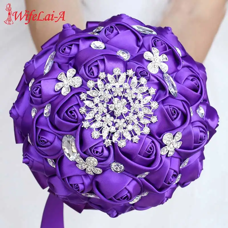 WifeLai-A High Quality Purple Silk Ribbon Rose Wedding Flowers Bridal Bouquets Bridesmaid Holding Flowers Wedding Bouquet W236-Z