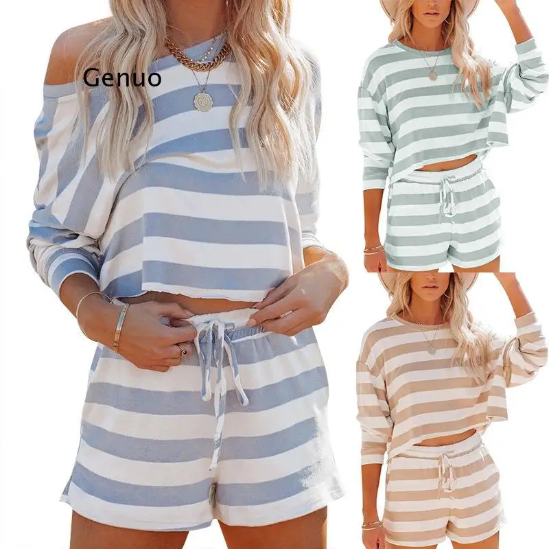 

2021 Women Stripe Knitted Clothes Sets Long Sleeve Round Neck Shirt Elastic Waist Short Pant Ladies Pullover Loose Outfits
