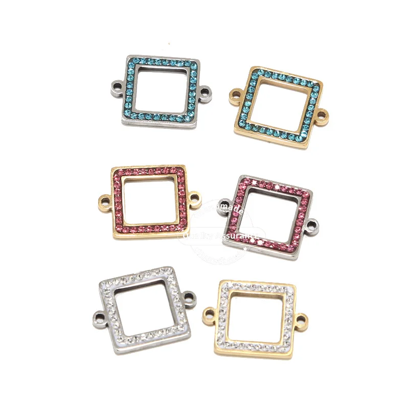 5pcs Stainlesss Steel Square Pendants Links  Blue Clear Crystal Charms Connectors with 2 holes for Bracelet making