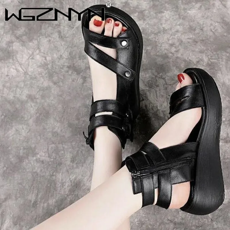 Women Summer Sandals Mid Heels Wedges Shoes Ladies Vintage  Leather Plus Size Sandalias Mujer Sapato Feminino Sandal Platform