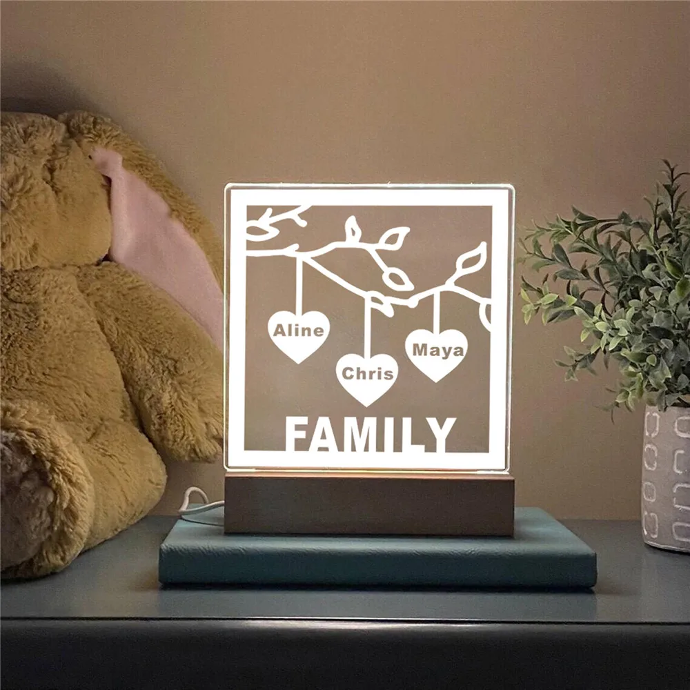 Personalized Family Tree Sign LED USB Acrylic Night Light Custom Laser Engraved Names & Text 3D Lamp Wood Base For Room Decorate