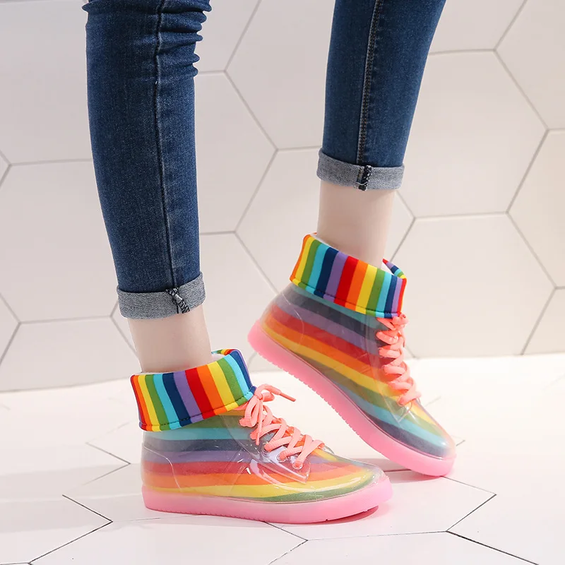 SWYIVY Rain Boots Women Ankle Boots 2019 Warm Female Boot Rainbow Jelly Shoes Waterproof Transparent Shoes Non-slip Gum\'d Boots