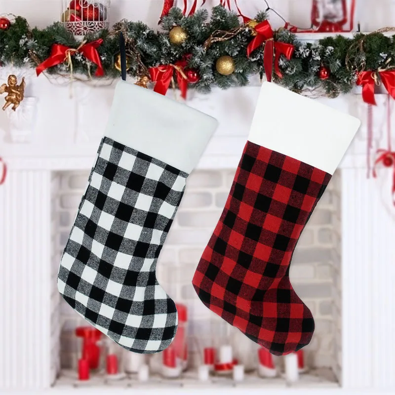 1Pcs Christmas Stocking Boots Black Red Lattice Christmas Gift Candy Socks Pendant For Xmas Tree Fireplace Home Hanging Ornament