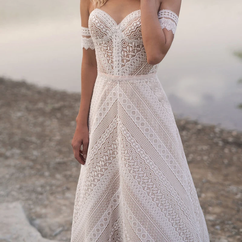 Vestido De novia bohemio sin espalda, De encaje, línea A, escote Corazón, forro De champán personalizado, con cremallera