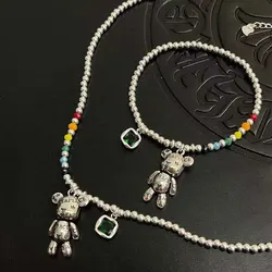 Sweet Little Bear Animal Colorful Rainbow Bead Chain Thai Silver Ladies Jewelry Set Necklace Bracelet Birthday Gifts