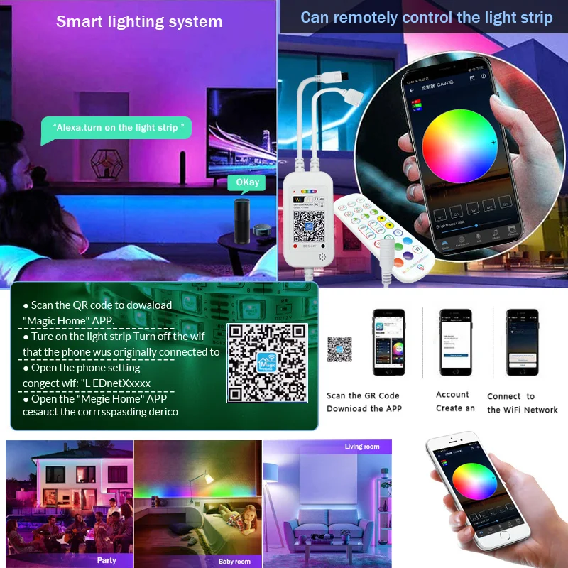 20M nowa muzyka WiFi Luces taśmy LED światła 5M 10M 15M 5050 SMD 2835 elastyczna wstążka 12V taśmy + muzyka kontroler Wifi + Adapter ue