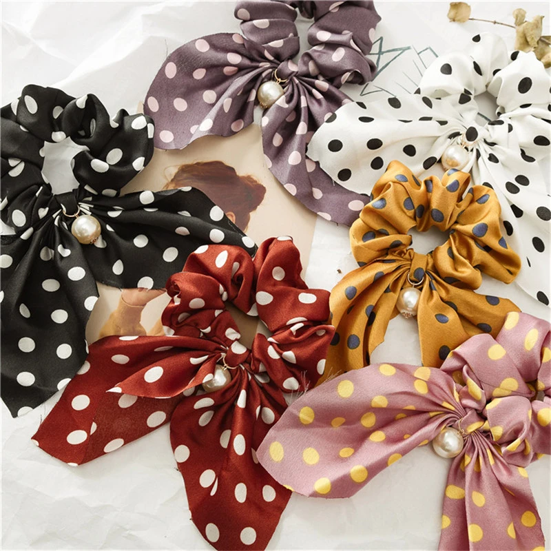 Korean Dot Striped Elastic Rubber Bands Fashion Sweet Bow Hair Tie For Women New Pearl Scarf Hair Scrunchies Hair Accessories