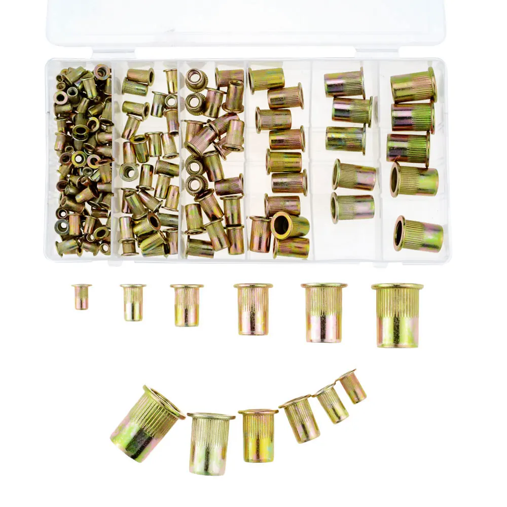 

165PCS/Box M3 M4 M5 M6 M8 M10 M12 Carbon Steel Rivet Nuts Carbon Steel Flat Head Rivet Nuts Set Hardware Parts