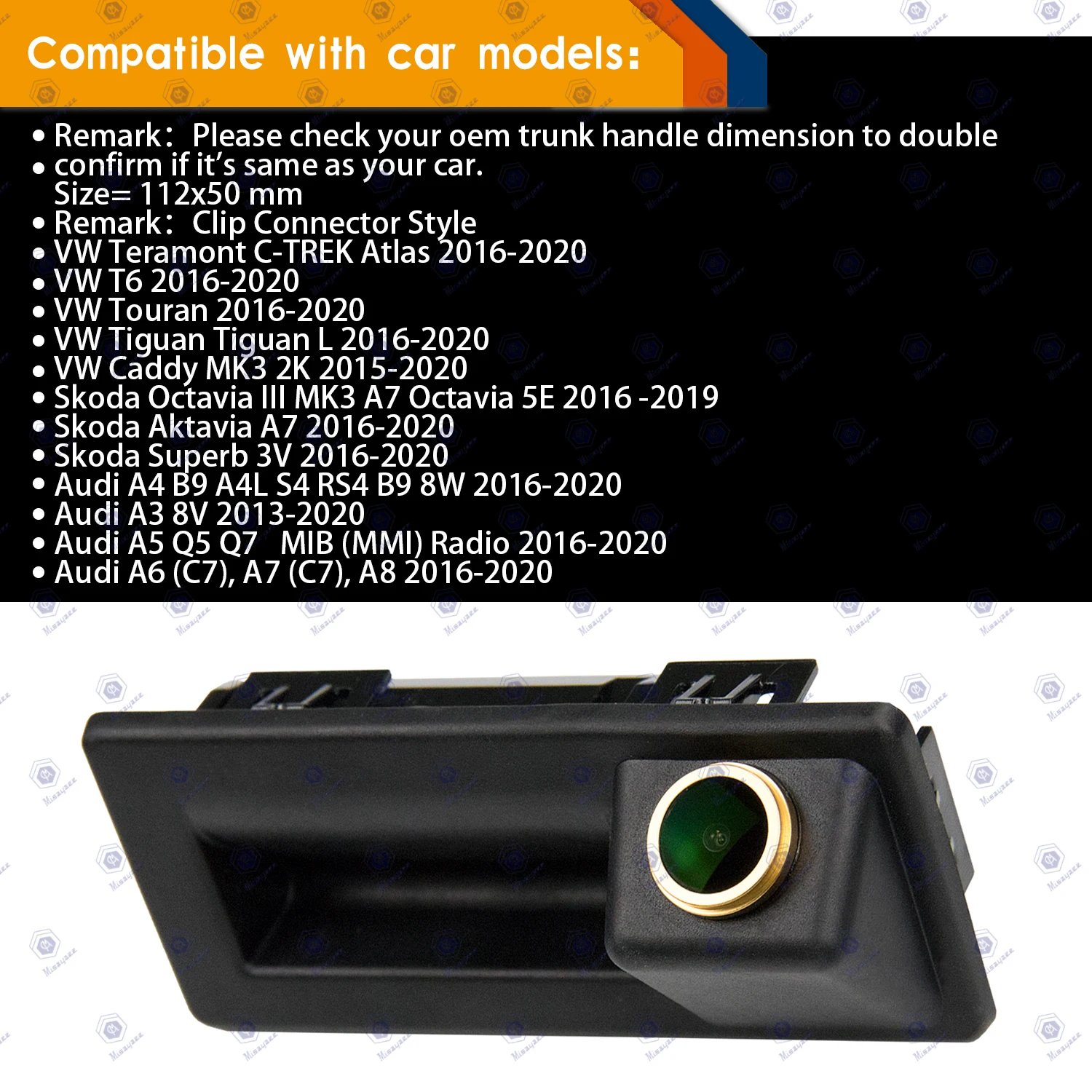 HD 1280*720P Rear View Night Vision Camera for Audi A4L Teramont C-TREK Touran L Tiguan L 2016-2019 Skoda Aktavia A7 2016-2018