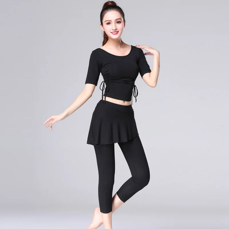 Short Sleeve Latin Dance Tops+pants Suit Practice Clothes Drawstring Female Modern Dance Ballroom Tango Cha Cha Rumba Costumes
