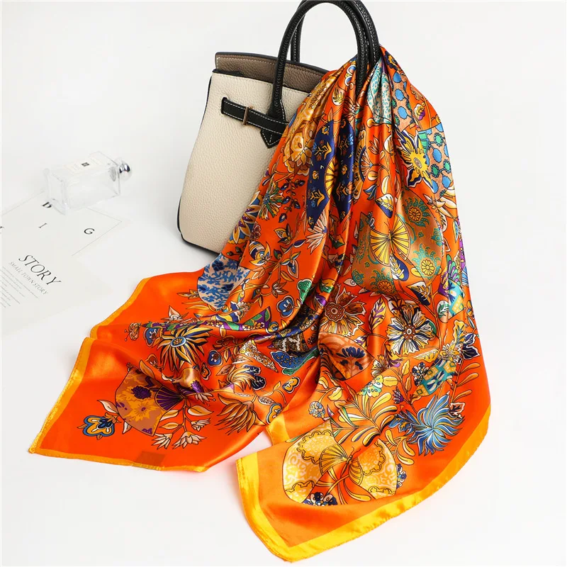 2021 Silk Scarf Luxury Vintage Print Headband Women Stole Square Neckerchief Large Hair Hand Female Head Wrap Lady Bandana