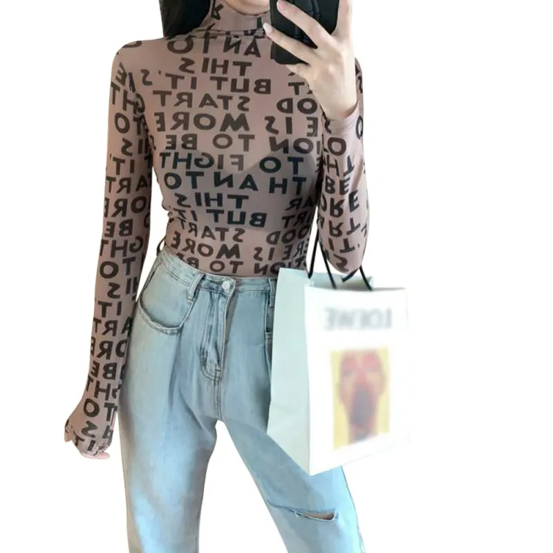 

Women T-Shirts Khaki Letter Print Mesh T-Shirts Tops See-Through Perspective Long Sleeve Tee Shirt Club Blusas