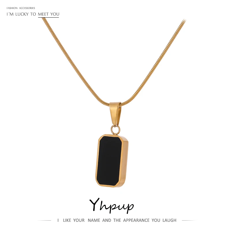 Yhpup Double-Sided Black White Enamel Natural Shell Pendant Necklace for Women Stainless Steel Metal Choker Temperament Gift