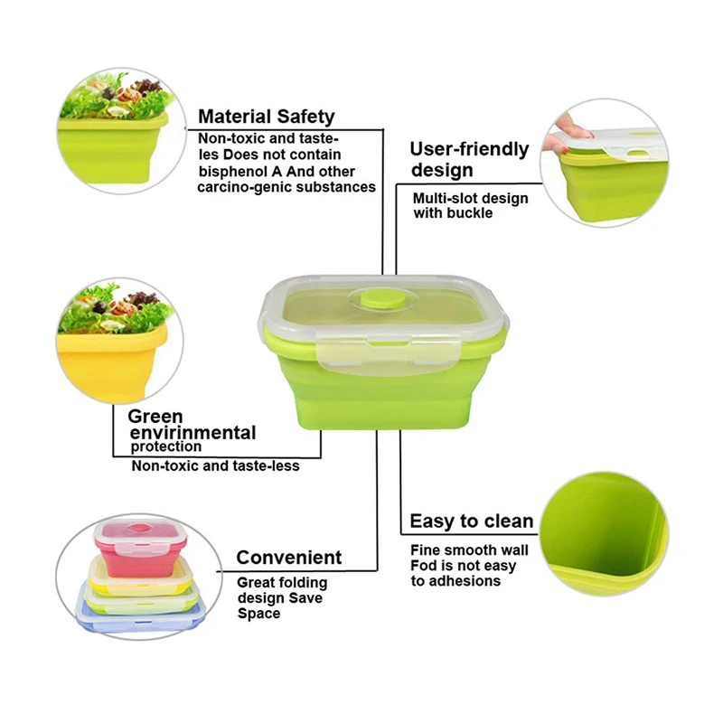 Fiambrera Bento portátil de silicona plegable, contenedor de alimentos para el hogar, cocina al aire libre, contenedores de almacenamiento de