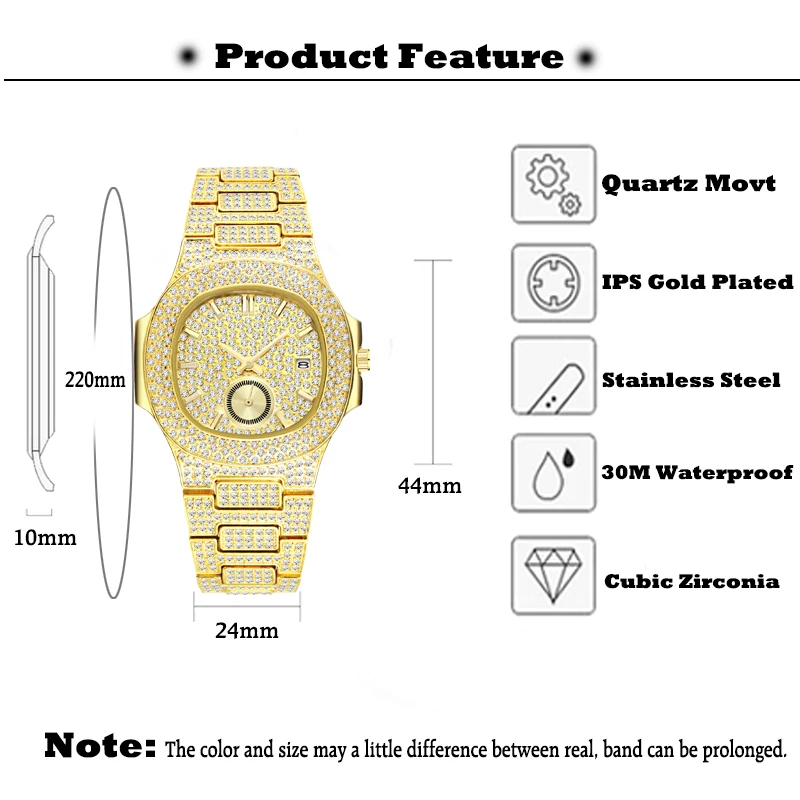 Mens Watches Top Brand Luxury MISSFOX NEW Trending 18K Gold Watch Men Chronograph Waterproof Big Hublo Steel Full Diamond Watch