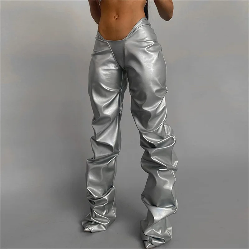 Fashion PU Fake Leather Sexy Low-rise Street Style Straight Casual Trousers Night Club Black Sliver Stacked Pants y2k Clothing