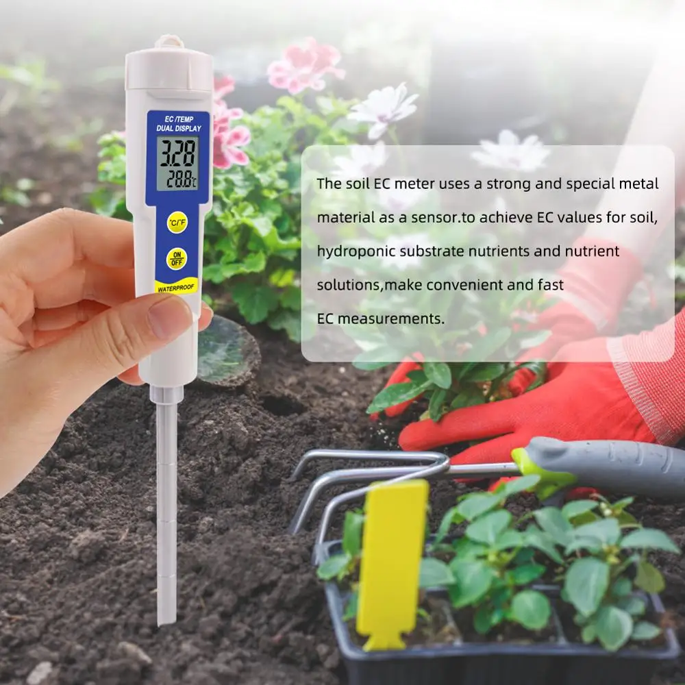 Temperatura impermeável Condutividade Tester, medidor de solo, nutrientes, teste líquido, plantio, jardinagem, hidroponia, interior, 2 em 1