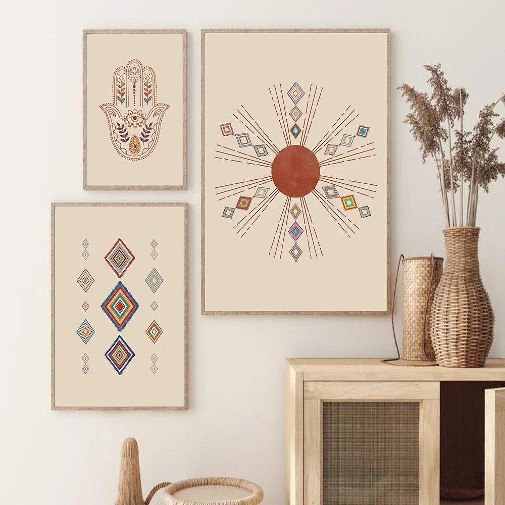 Moroccan Rug Art Painting Wall Pictures Sun Hamsa Hand Abstract Neutral Eclectic Canvas Art Prints Home Bohemia Poster Wall Deco