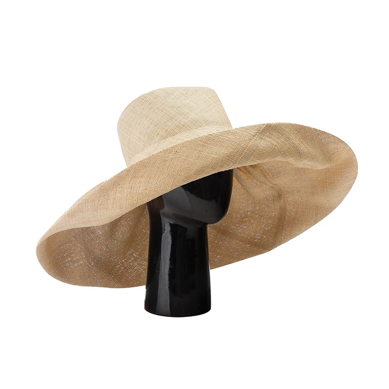 European American Retro Hepburn Style High Quality Raffia Fabric Wide Brim Bow Top Hat Fedora Catwalk Fashion Dinner Beach Hat