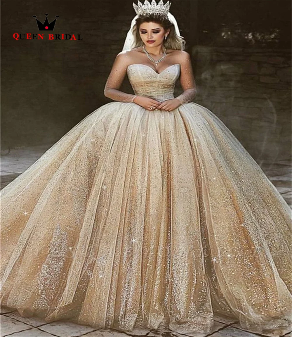 Vintage Ball Gown Puffy Wedding Dresses Long Sleeve Sequin Tulle Beaded 2023 New Design Elegant Bridal Gown Custom Made JT53