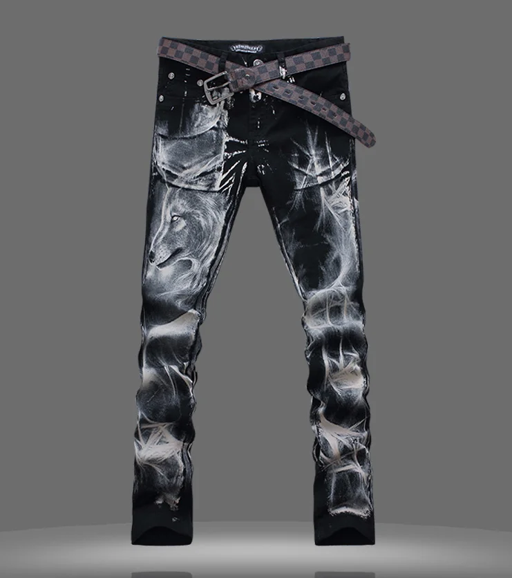 Wolf Men's Casual Print Jeans Male 3D Pattern Coloured drawing Paiting Pants Slim Stretch Cotton Denim Trousers High Quality