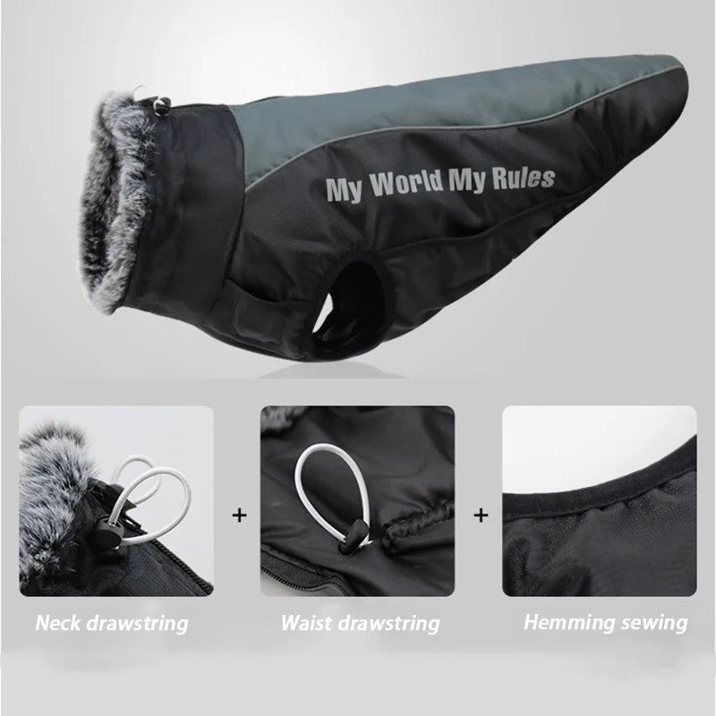 Winter wasserdichter Hundemantel, warme Haustier-Pelzkragenjacke mit abnehmbarem Geschirr, große Hundekleidung, Bulldoggen-Outfit, Labrador-Kostüme – Detail 5