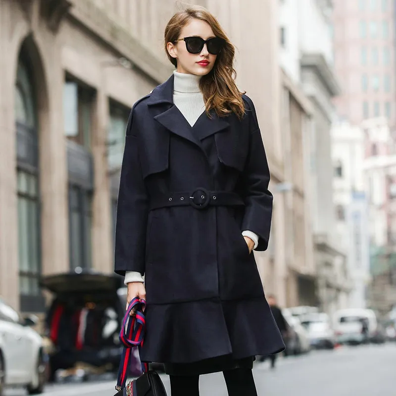 Women's coat double-breasted ruffled woolen coat autumn and winter new style European and American fashion woolen coat