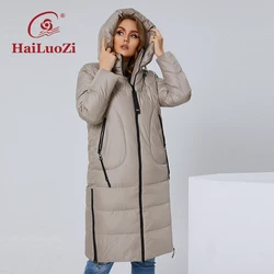 HaiLuoZi-abrigo de cuello alto para mujer, chaqueta larga y gruesa de plumón, con cremallera lateral, a la moda, elegante, Parka con capucha, 2022