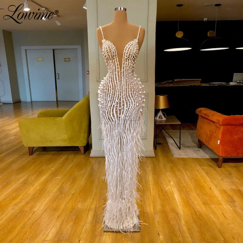 Pérolas miçangas vestido de festa espaguete cintas celebridade vestidos de penas vestido de noite 2020 vestidos mulher festa noite robe de soiree