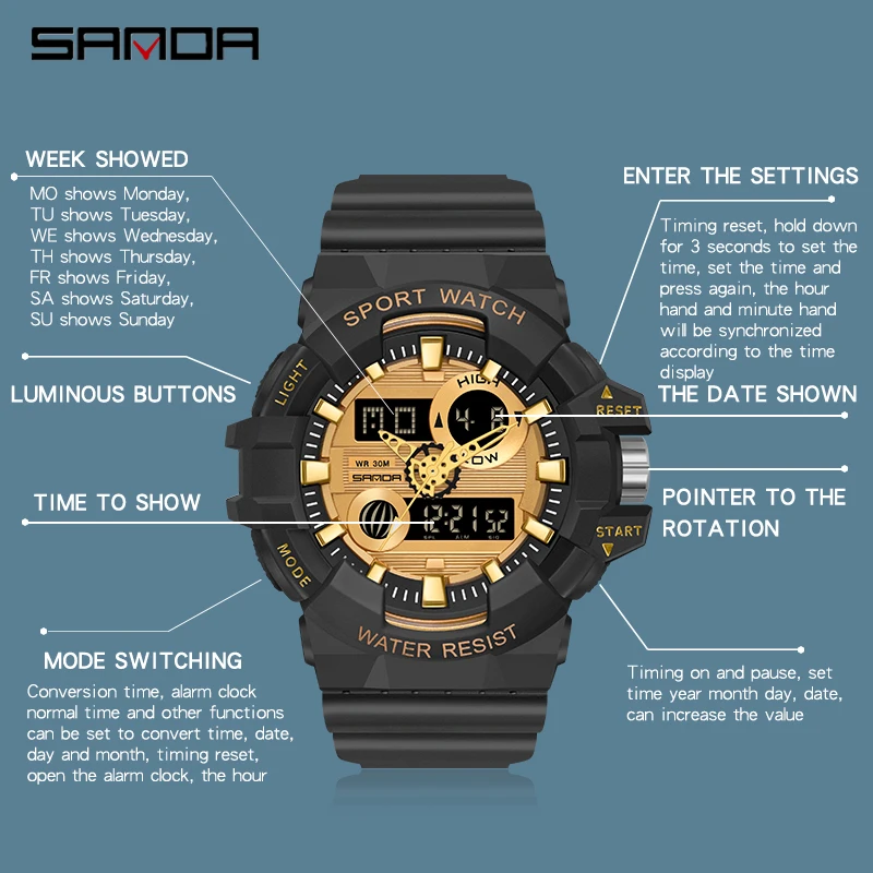 SANDA Men\'s Watches Top Brand Luxury Military Quartz Watch Multifunction Men Waterproof Wristwatches Relogio masculino