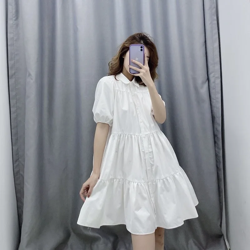 Summer White Fairy Dress Women Lapel Solid Color Wide-hem Cotton Cottagecore Dresses 2023 New Fashion Plus Size Casual Outwear