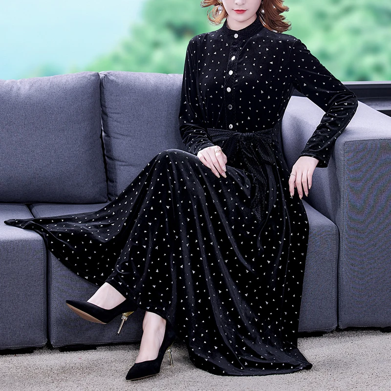 

2024 Black Velvet Vintage Long Sleeve Maxi Dresses Women Casual 5XL Midi Dress Autumn Winter Elegant Bodycon Evening Vestidos
