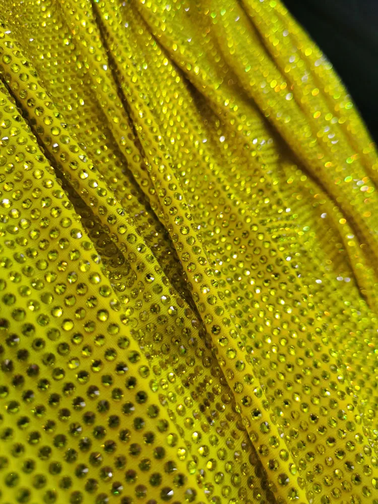 Yellow Crystal Fabic Glitter Hot Fix Crystal Rhinestone Glitter Iron On Sewing Fabric Polyester Spandex Stretch Rhinestone