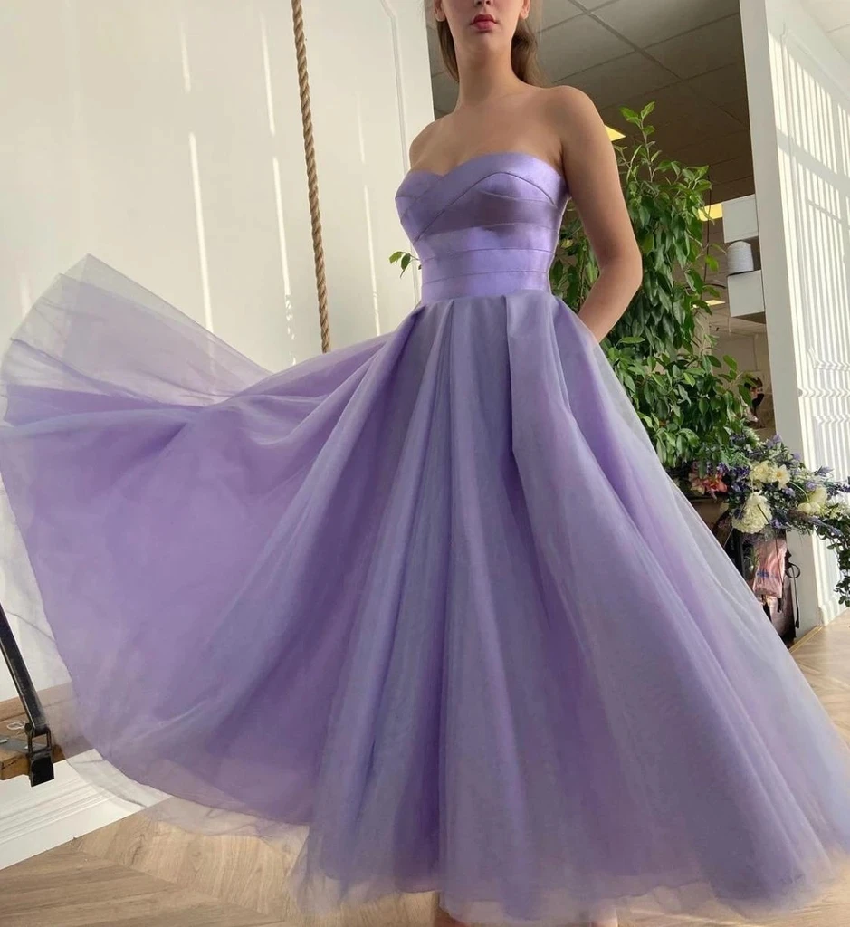 

Lilac Moroccan Prom Dresses A-line Sweetheart Ankle Length Tulle Backless Robe De Soiree Prom Gown Evening Dresses