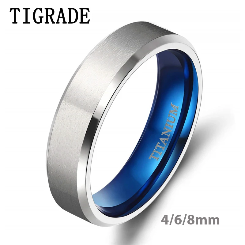 Tigrade 100% Pure Titanium Men Women Ring Silver Color Blue Inside Classic 4/6mm Wedding Rings Engraving Provide Drop Shipping