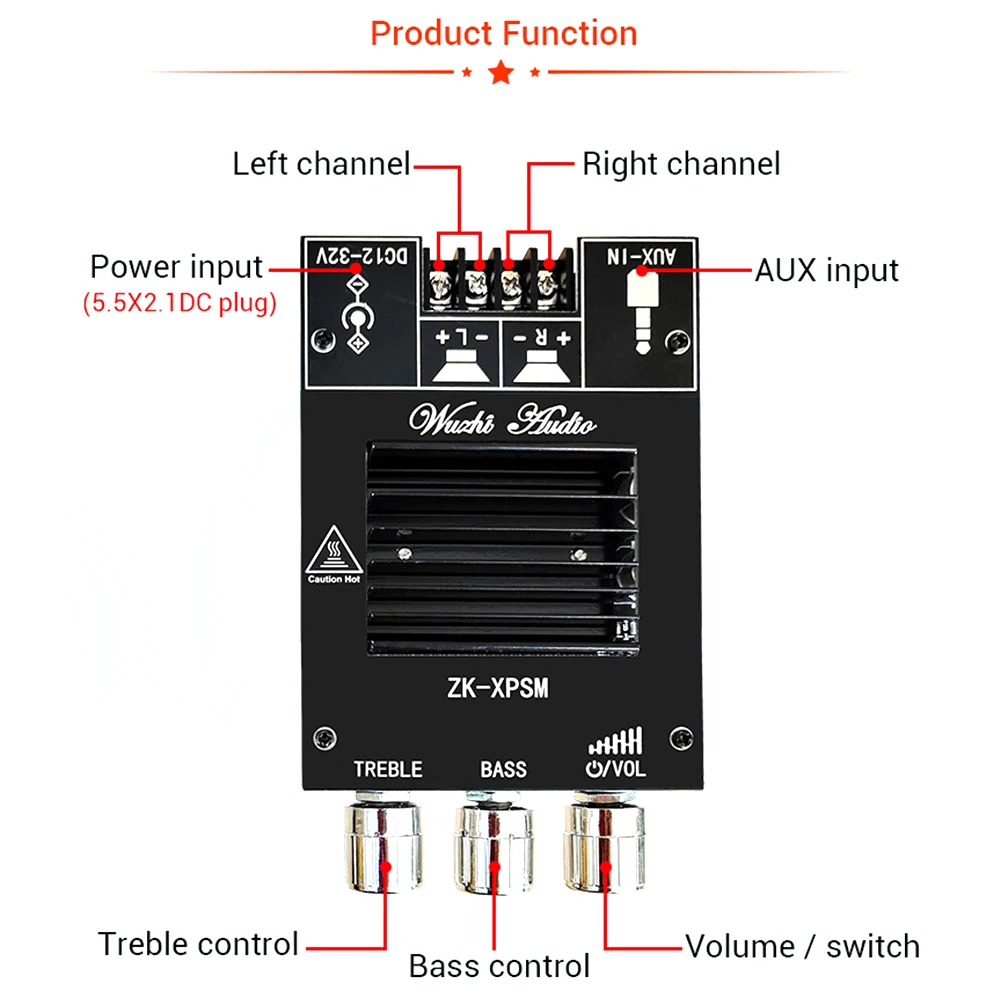 ZK-XPSM ZK-XPS 150Wx2 HIFI BT Power Amplifier Board Module High and Bass Adjustment For Bluetooth Audio Dual Channel TDA7498E