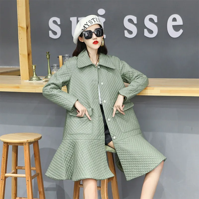 Women Real Sheepskin Long Coat Sweet Ruffle Solid Color Loose A-Line Plaid Jacket Genuine Leather Windbreakers OL Elegant Jacket