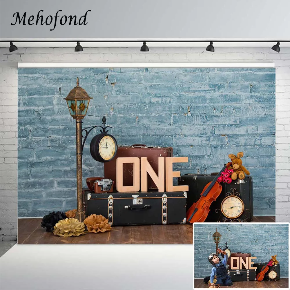 

Mehofond 1st Birthday Background for Photography Blue Brick Wall Suitcase Newborn Boy Portrait Photocall Backdrop Photo Studio