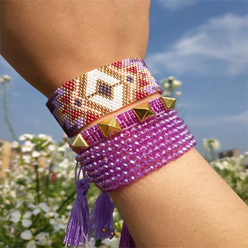 BLUESTAR Purple Turkish Evil Eye MIYUKI Bracelet Jewelry Women Crystal Jewellery Tassel Pyramid Handmade Woven Pulseras