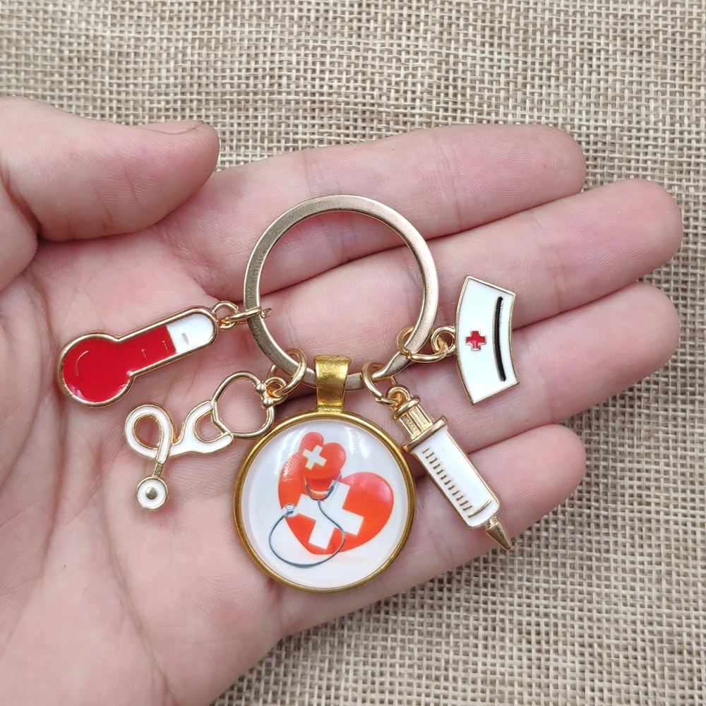 Time Gem Charm The Red Cross Medical Syringe Stethoscope Nurse Cap Mask Keychain Key Ring Design Hospital Doctor Prize Gift